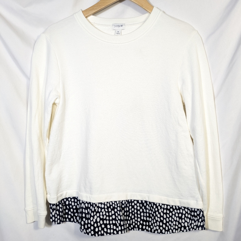 J Crew Factory Women's White Sweatshirt‎ Faux Shirt Polkadot Hem Cotton Casual M